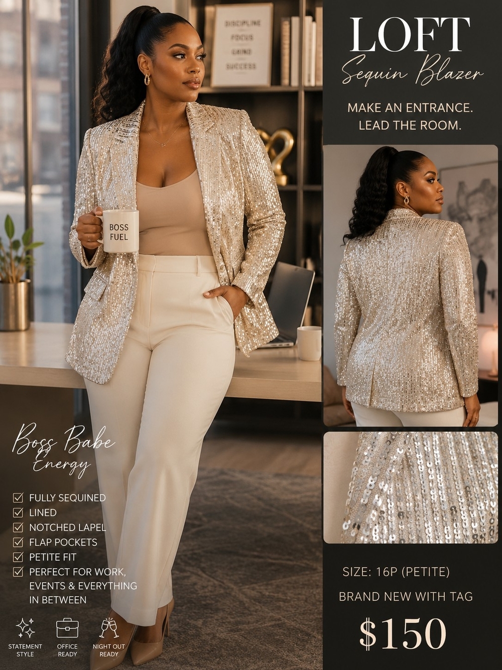 NWT LOFT Petite 16P Champagne Sequin Statement Blazer Party Holiday